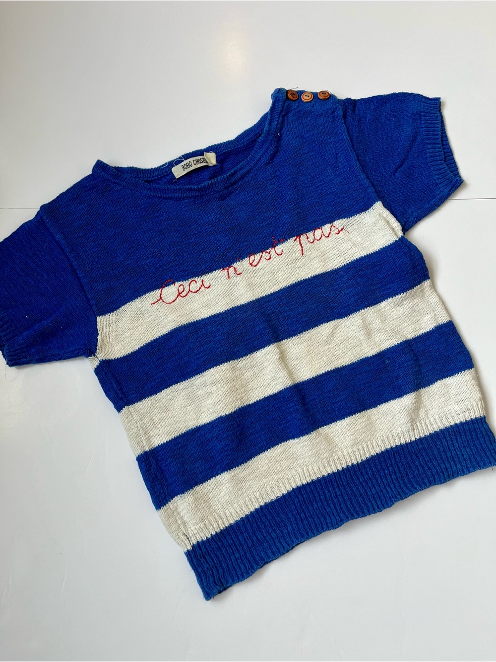 Bobo Choses Blue & White Striped Kids Knit Top with Shoulder Buttons